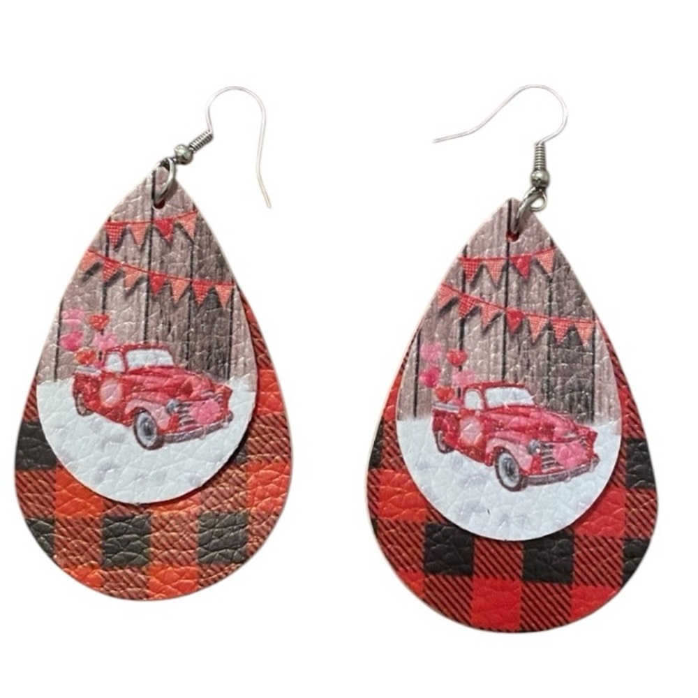 Hand Crafted Faux Leather Red Car Buffalo Check Plaid Teardrop Dangle Ea…